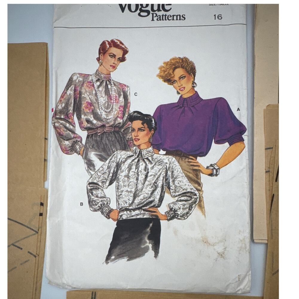 Vintage 80s Vogue Loose Fit Blouse Sewing Pattern 9415 Uncut High Collar SZ 16
